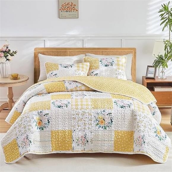 3 Pieces Floral Patchwork Quilt Set Queen, Yellow n White Flowers - Picture 8 of 8